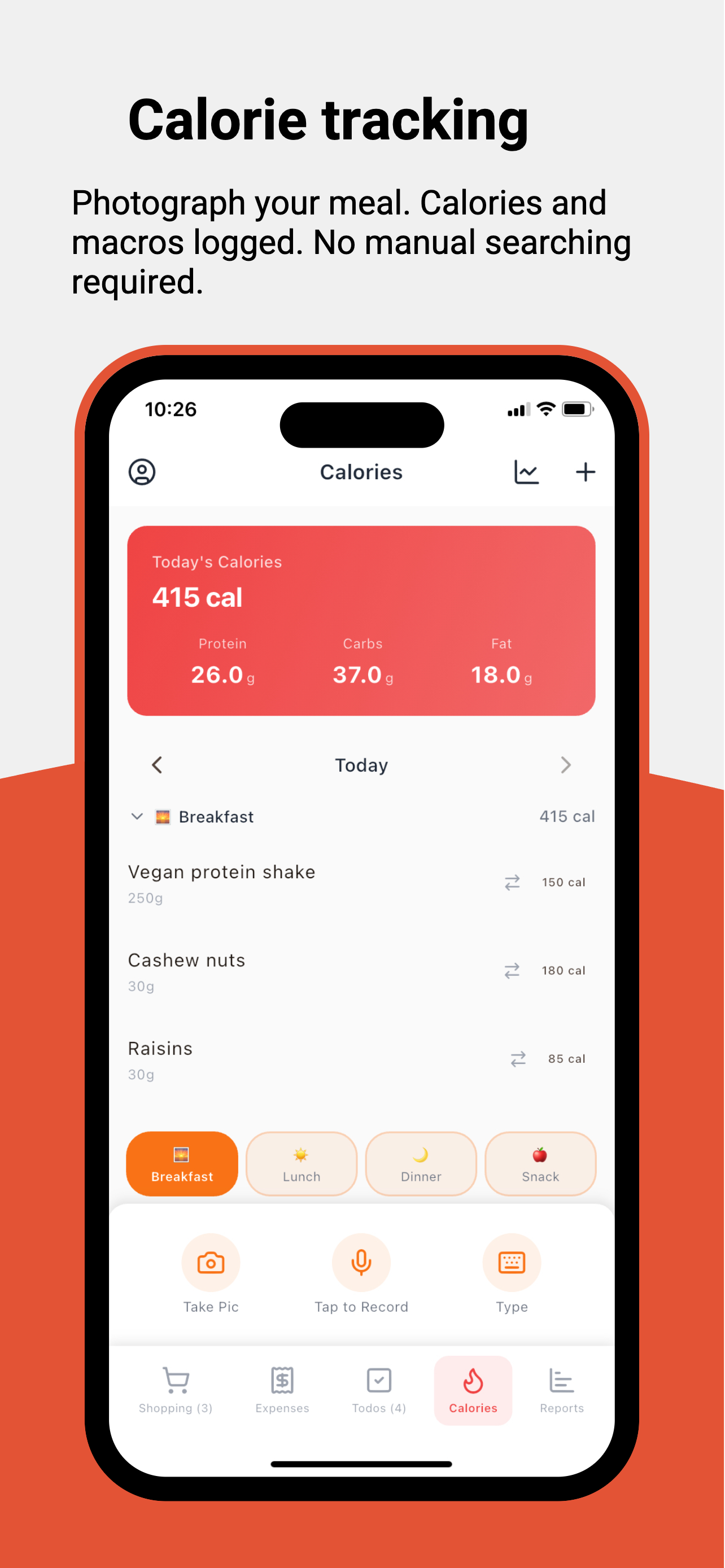 Calorie log screen
